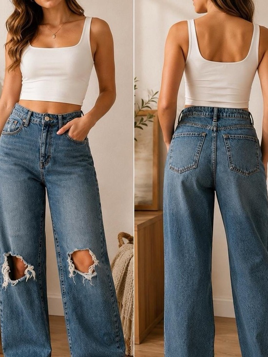 wild fable Denim - Wild Fable High-Rise Wide Leg Distressed Jeans - Blue